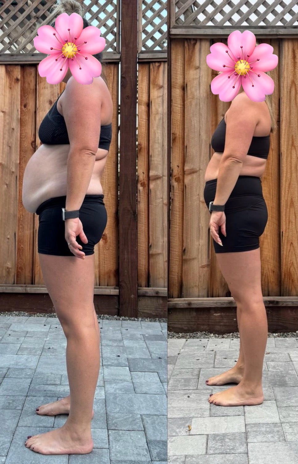 Side-by-side comparison of a person wearing black shorts and a black top against a wooden fence.