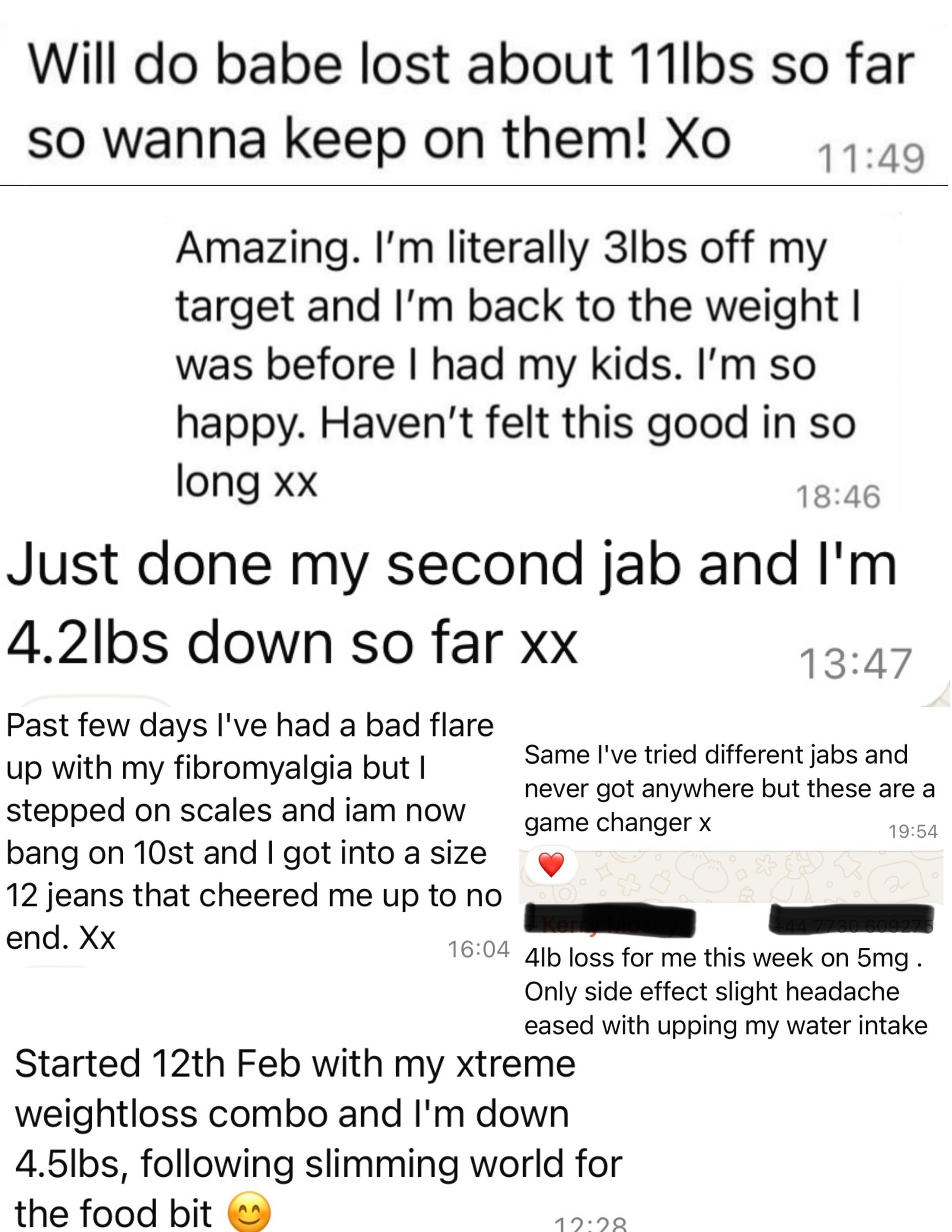 Text messages discussing weight loss journey and experience.